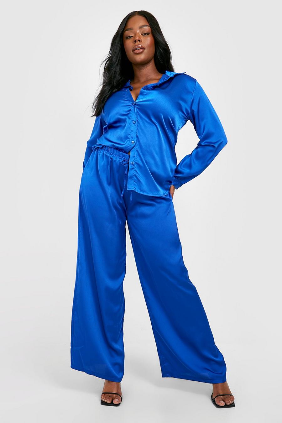 Camicia Plus Size in raso stile Utility con laccetti frontali & pantaloni coordinati, Cobalt azul