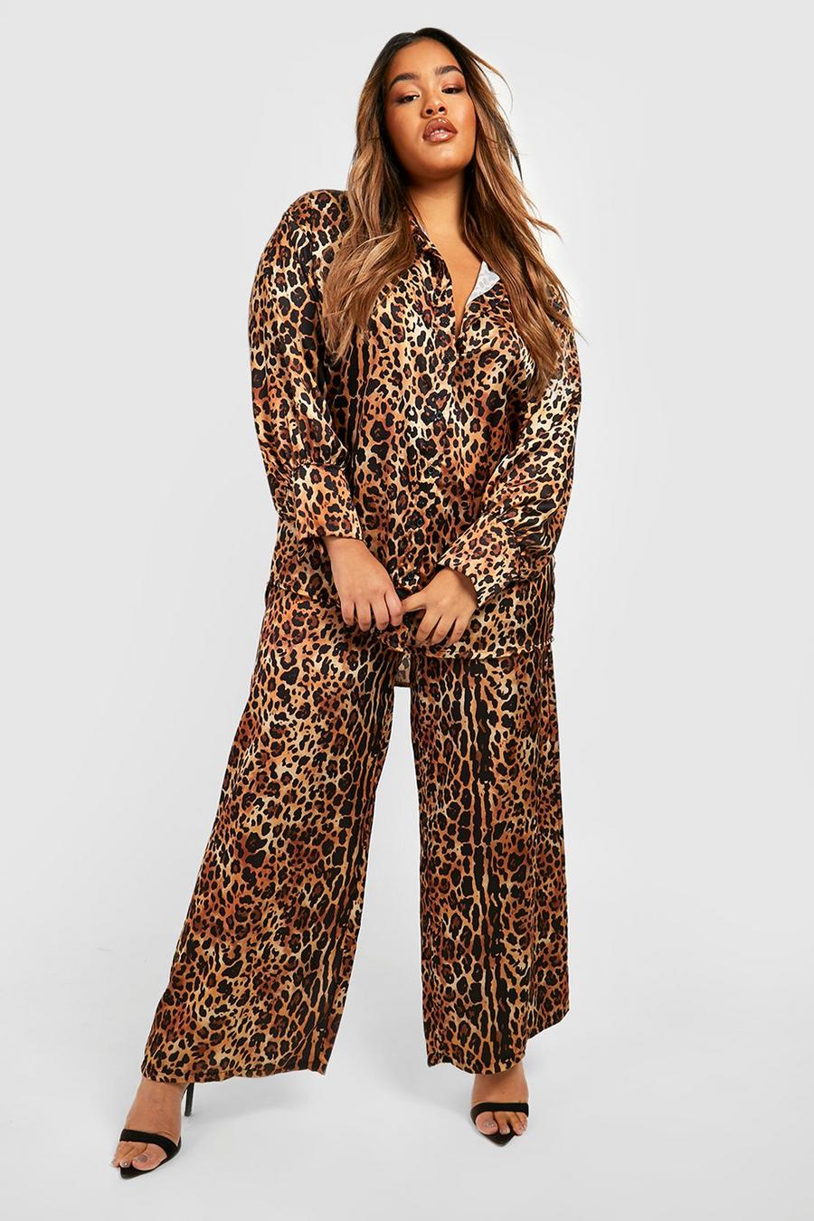 Brown Plus Satin Leopard Print Co-Ord Trousers image number 1