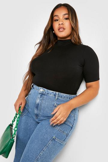 Plus Basic Bodysuit Met Hoge Kraag En Korte Mouwen black