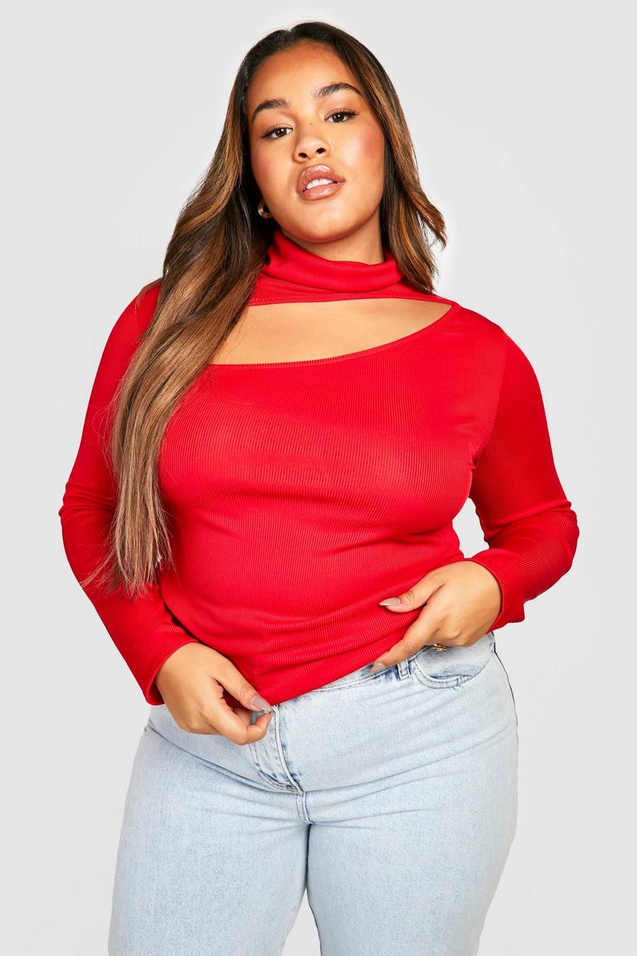 Red Plus Rib Cutout Long Sleeve Top  image number 1