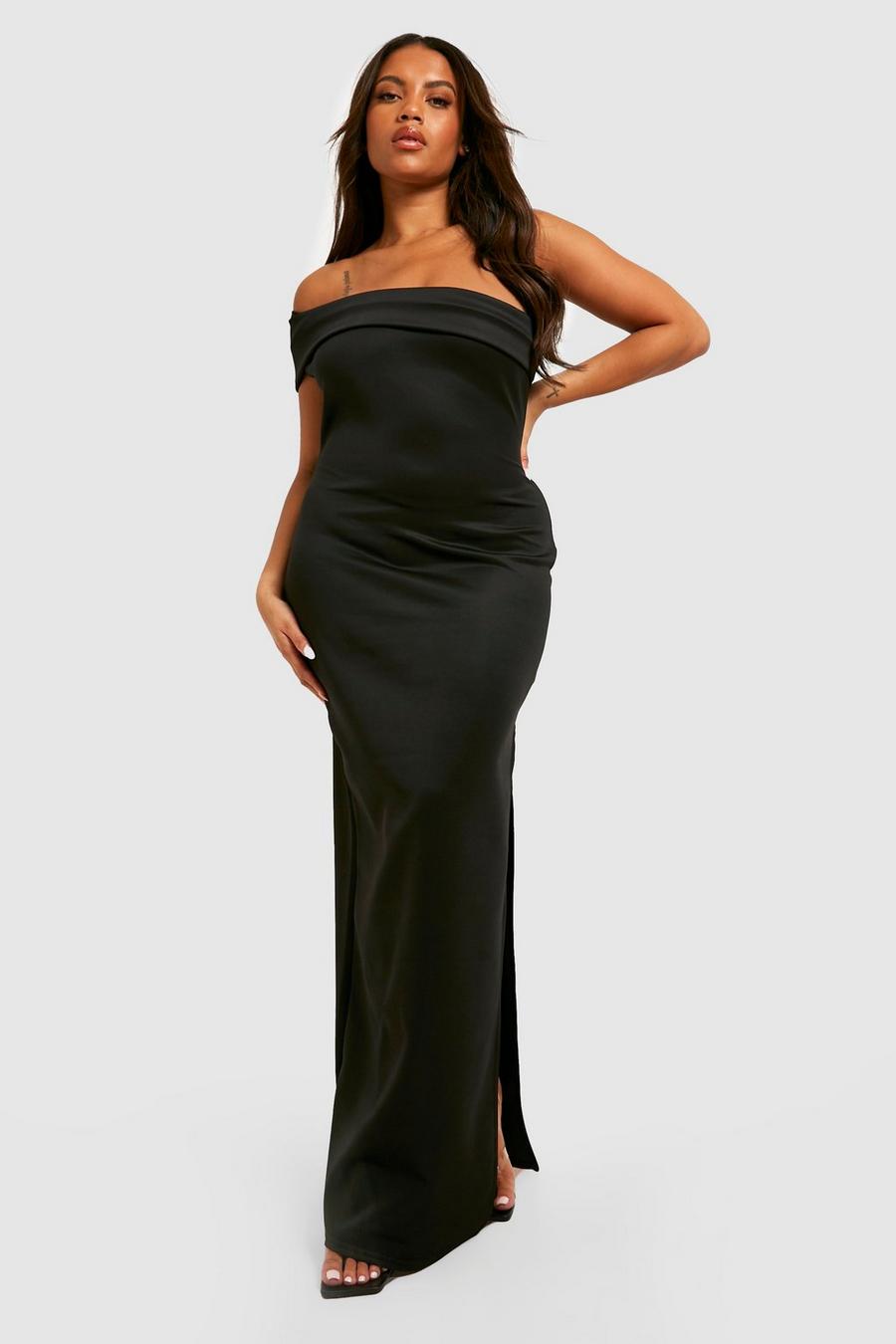 שחור שמלת מקסי פרחונית מבד סקובה עם כתפיים חשופות, מידות גדולות image number 1