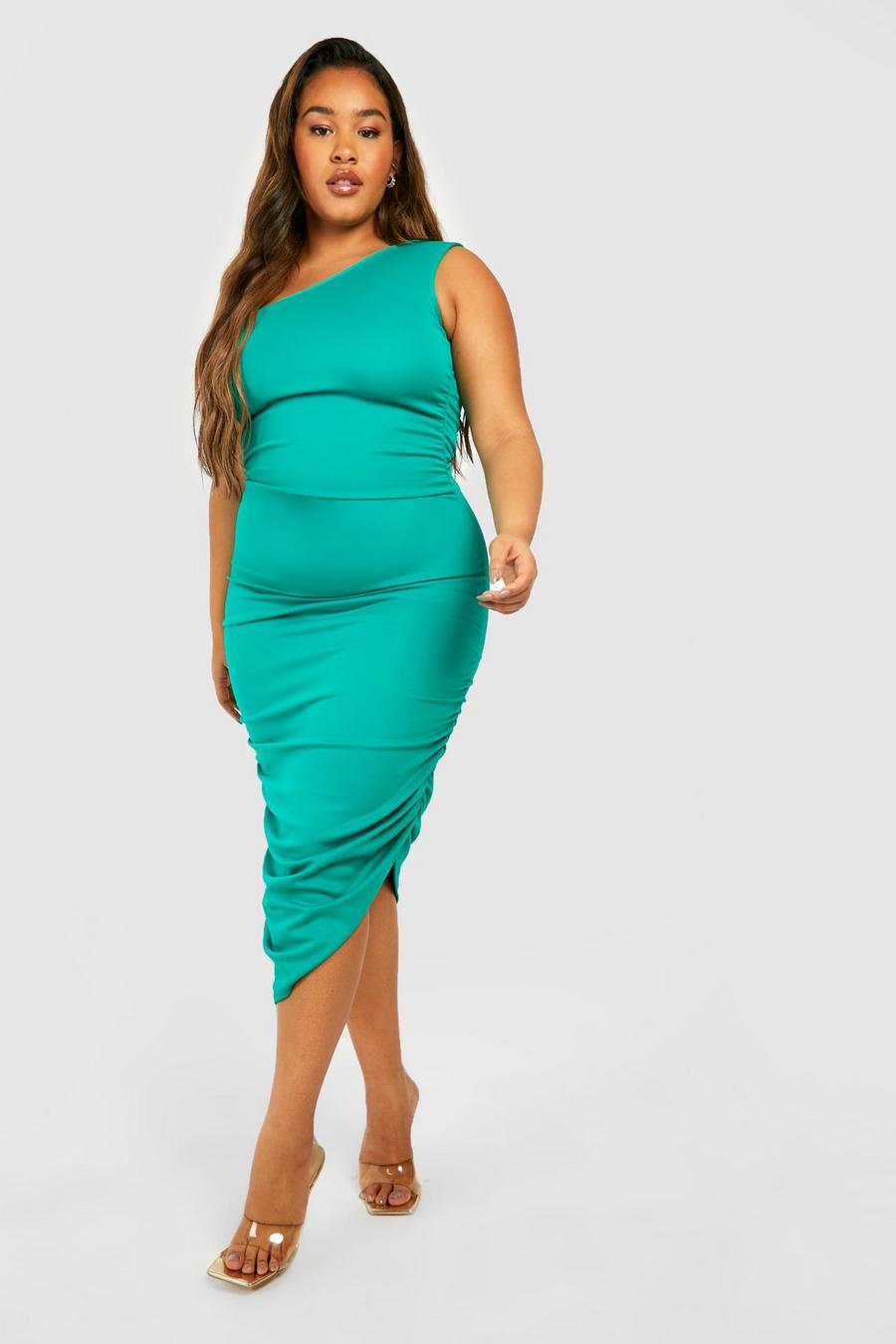 Bright green Plus Ruched One Shoulder Midiaxi Dress image number 1