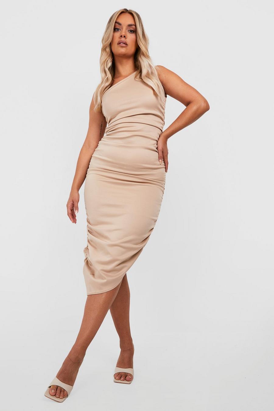 Stone beige Plus Ruched One Shoulder Midiaxi Dress
