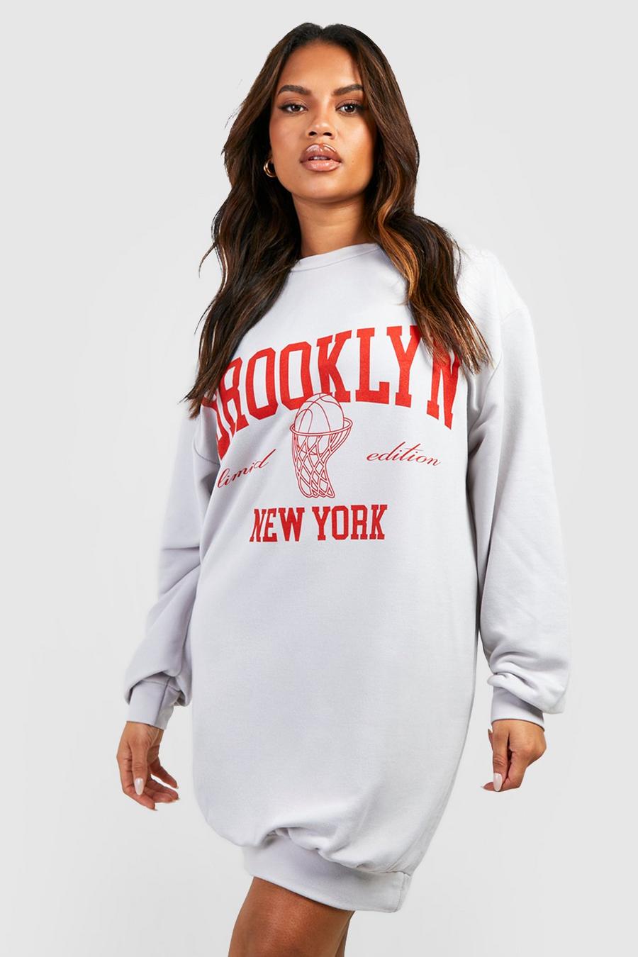 Vestito in felpa Plus Size con stampa Brooklyn New York, Grey grigio image number 1