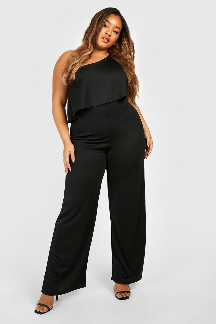 Black Plus One Shoulder Ruffle Wide Leg Jumpsuit image number 1