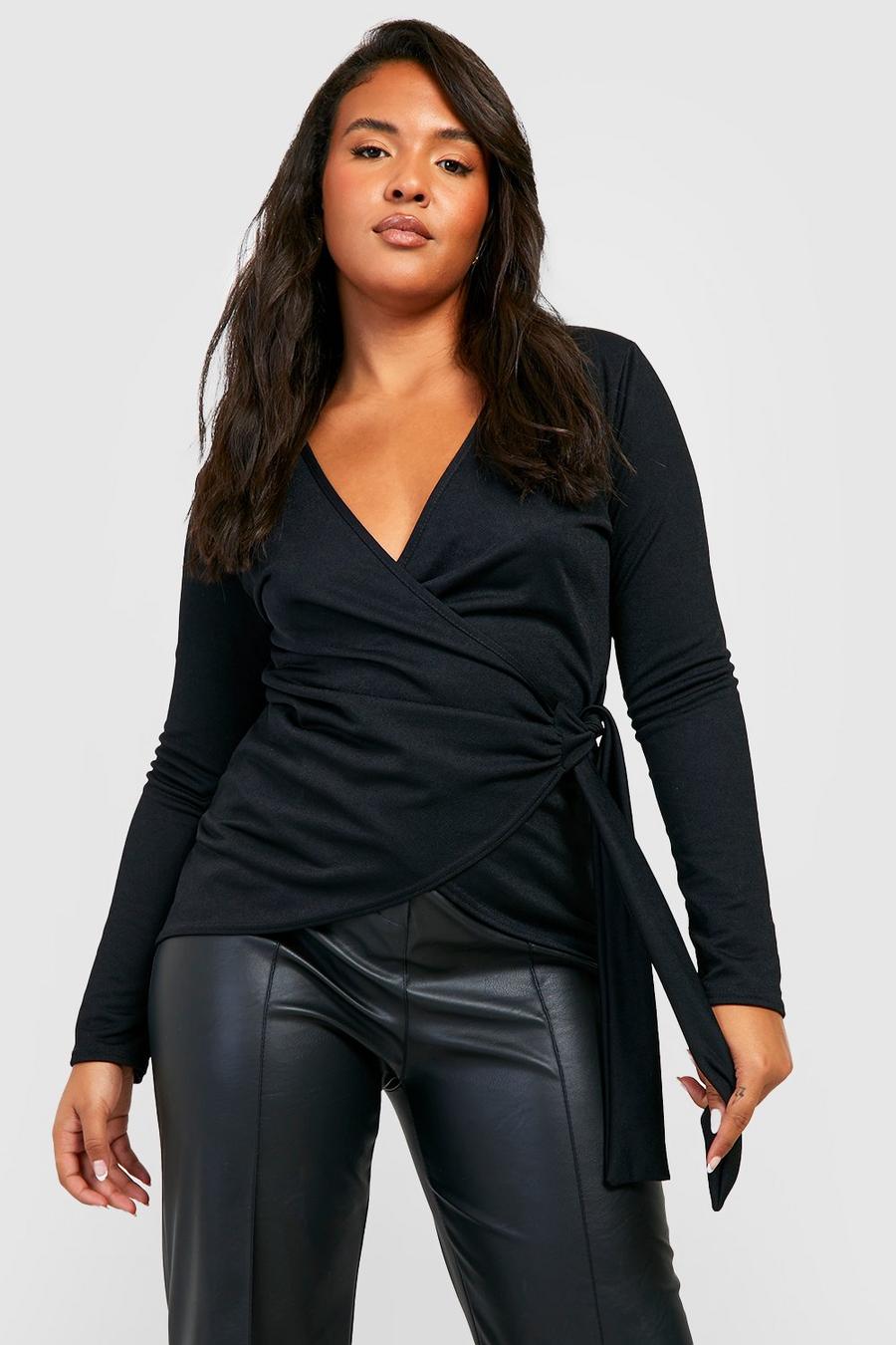 Black Plus Wrap Front Long Sleeve Top image number 1