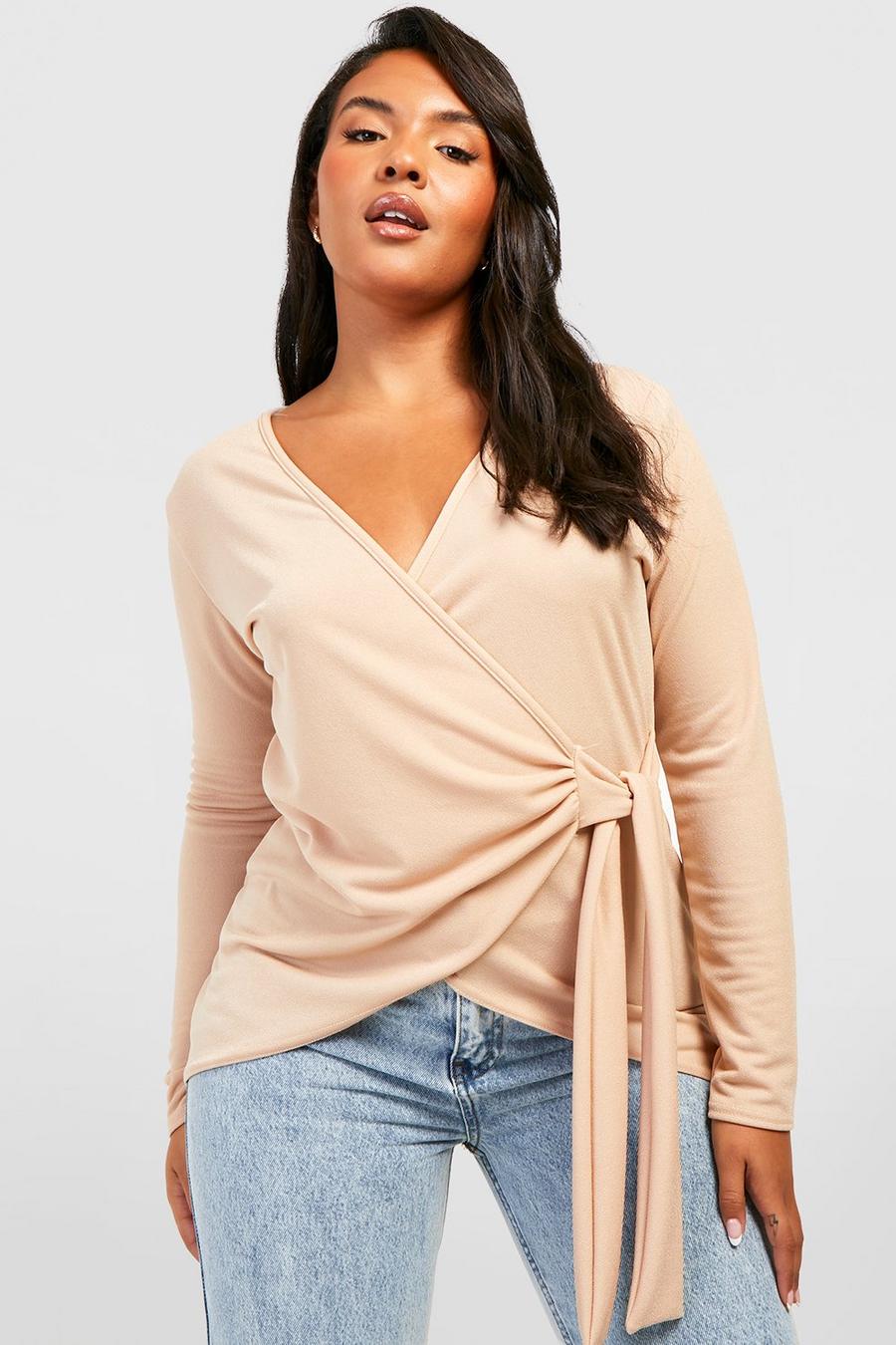 Stone beige Plus Wrap Front Long Sleeve Top image number 1