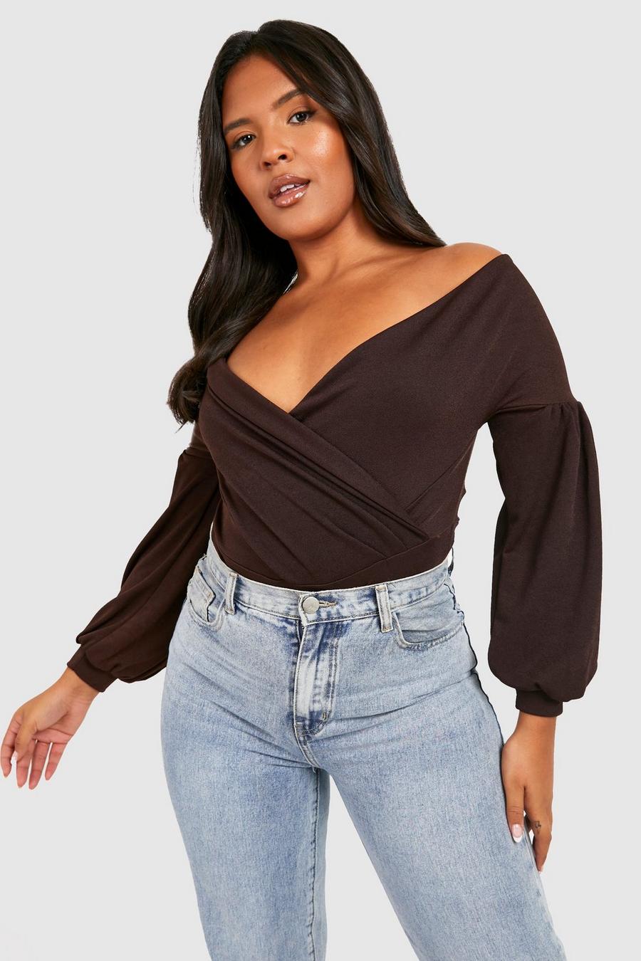 Chocolate Plus Puff Sleeve Off The Shoulder Bodysuit image number 1