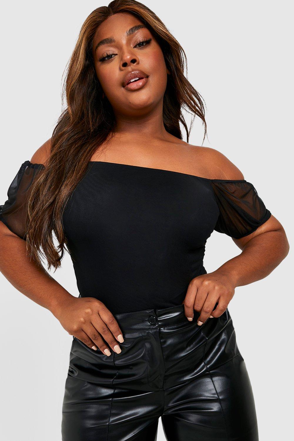 Plus Mesh Ruched Cap Sleeve Bodysuit