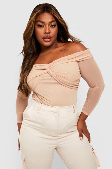 Plus Mesh Twist Front Bodysuit stone