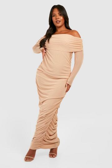 Plus Mesh Ruched Off The Shoulder Maxi Dress stone