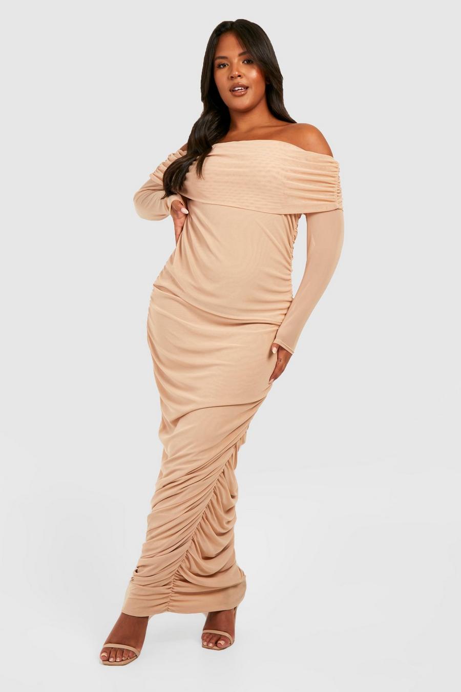 Stone beige Plus Mesh Ruched Off The Shoulder Maxi Dress