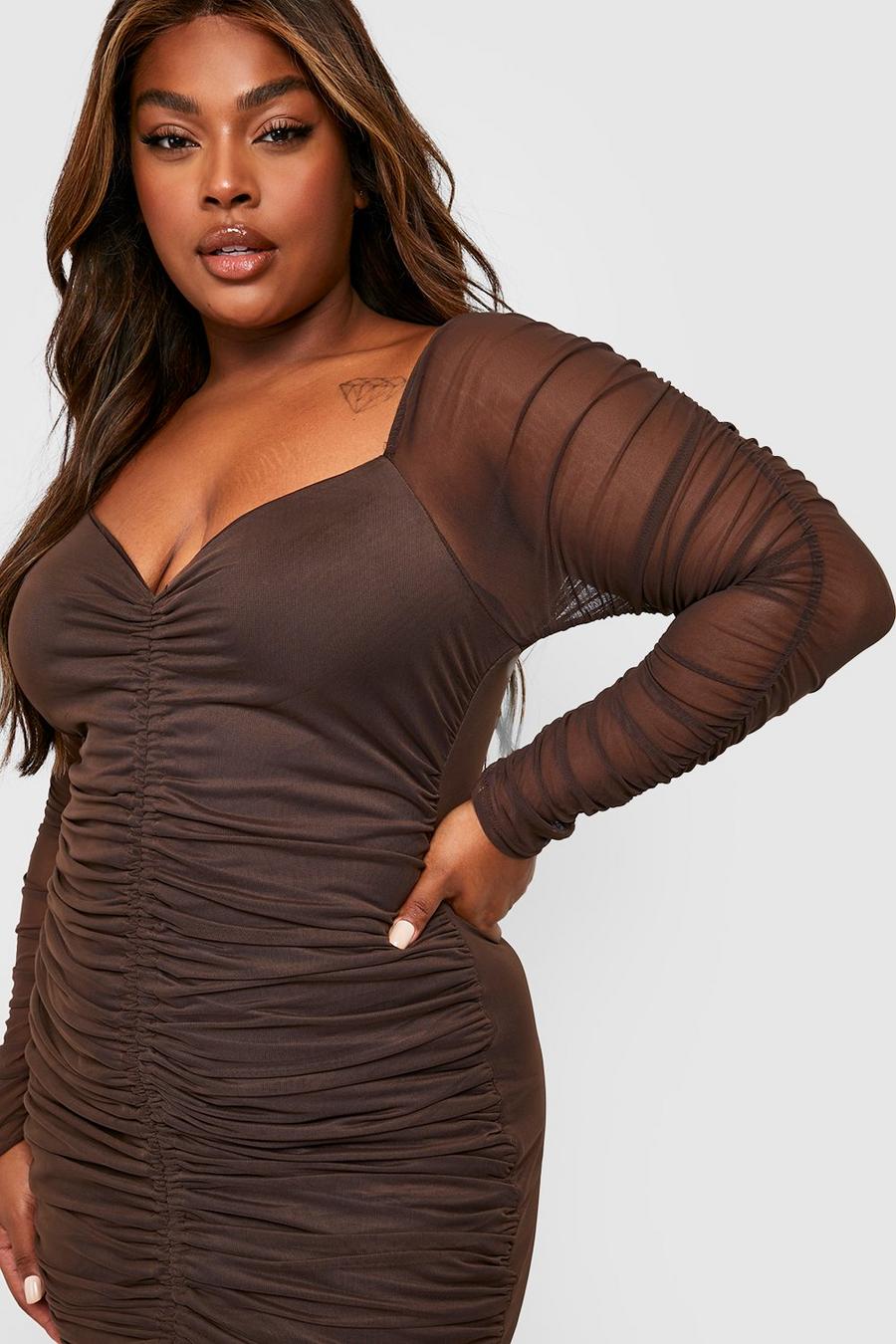 Chocolate brown Plus Ruched Mesh Long Sleeve Mini Dress