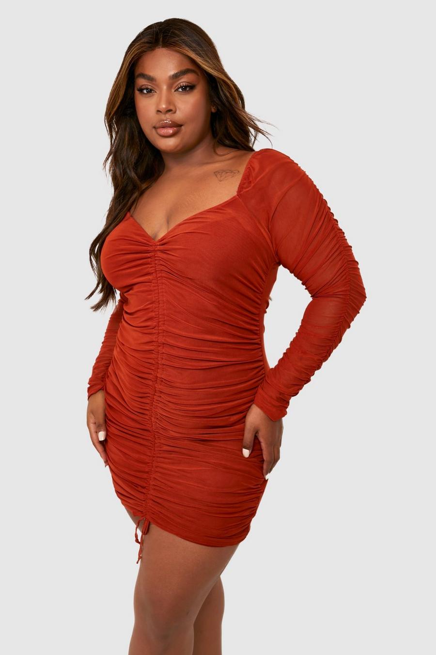Rust orange Plus Ruched Mesh Long Sleeve Mini Dress