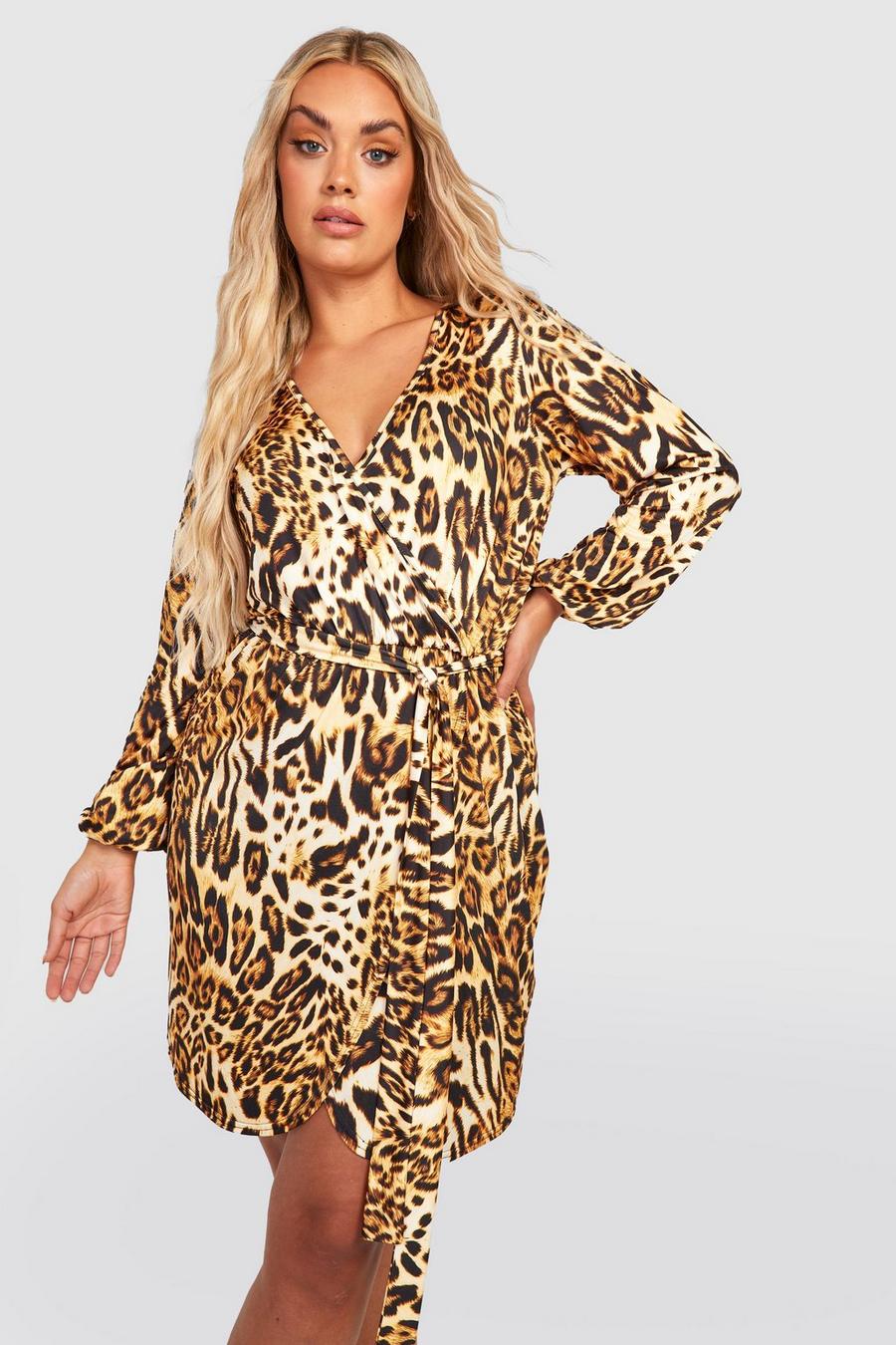 Vestido Plus cruzado ceñido con estampado de leopardo, Brown marrone image number 1