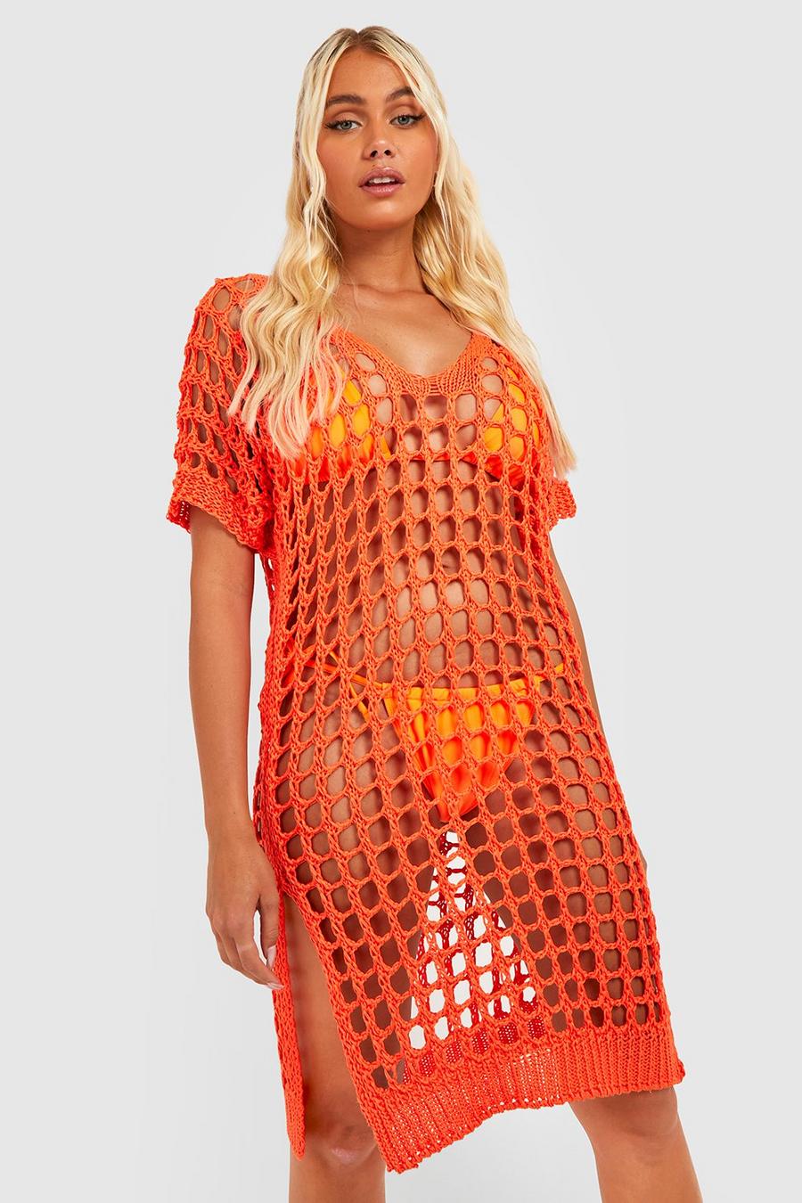 Orange Crochet Cover Up Beach Dress image number 1