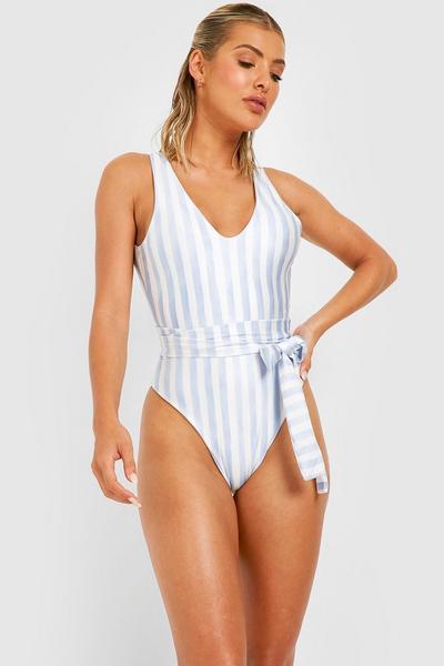 boohoo pale blue Watercolour Nautical Plunge Belted Swimsuit