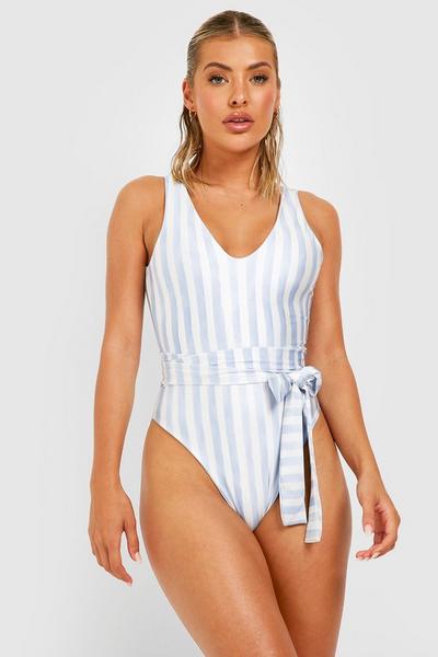 boohoo pale blue Watercolour Nautical Plunge Belted Swimsuit