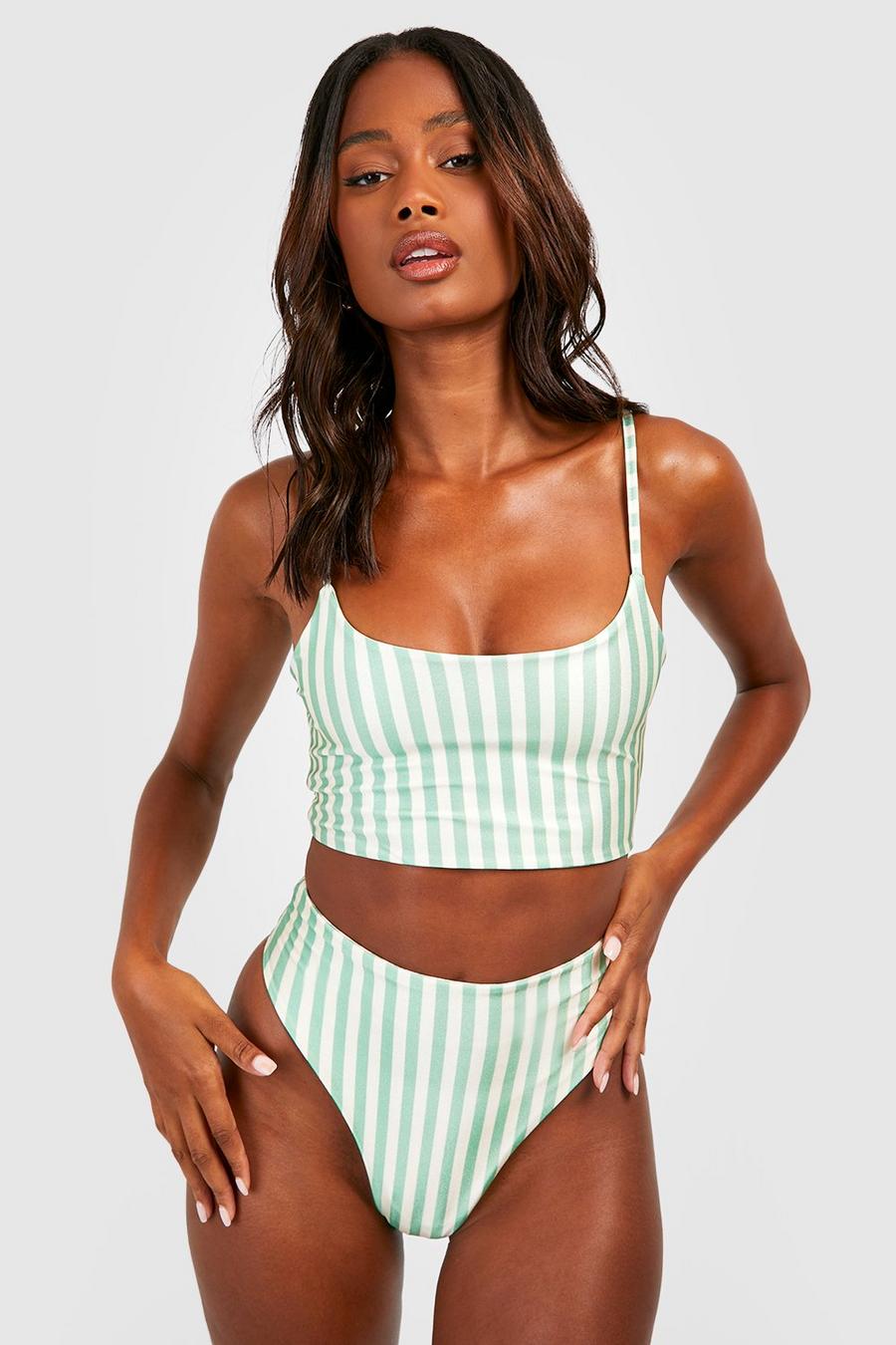 Sage Stripe Scoop High Waisted Bikini Set image number 1
