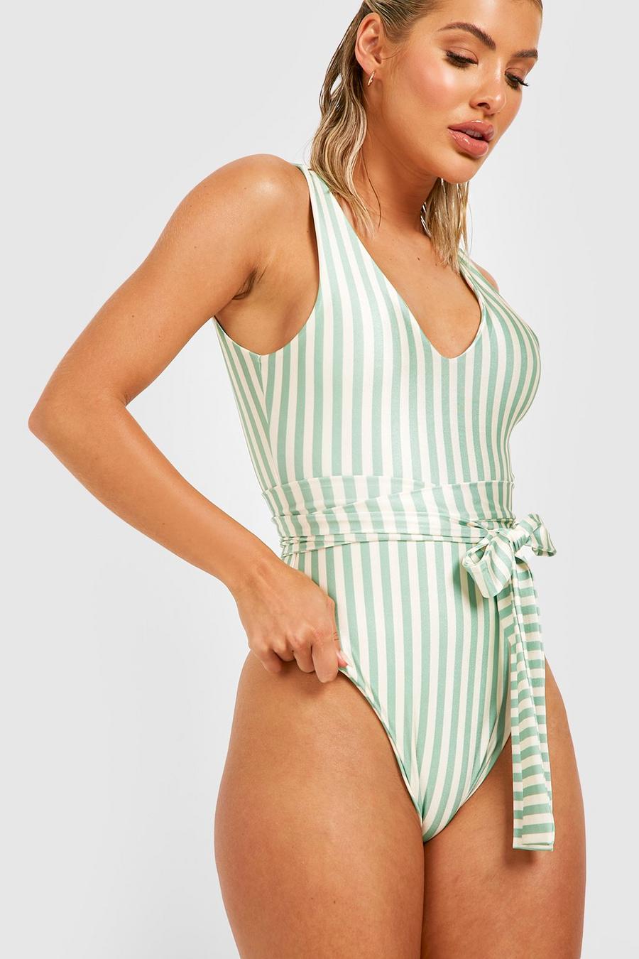 Sage green Stripe Belted Plunge Swimsuit image number 1