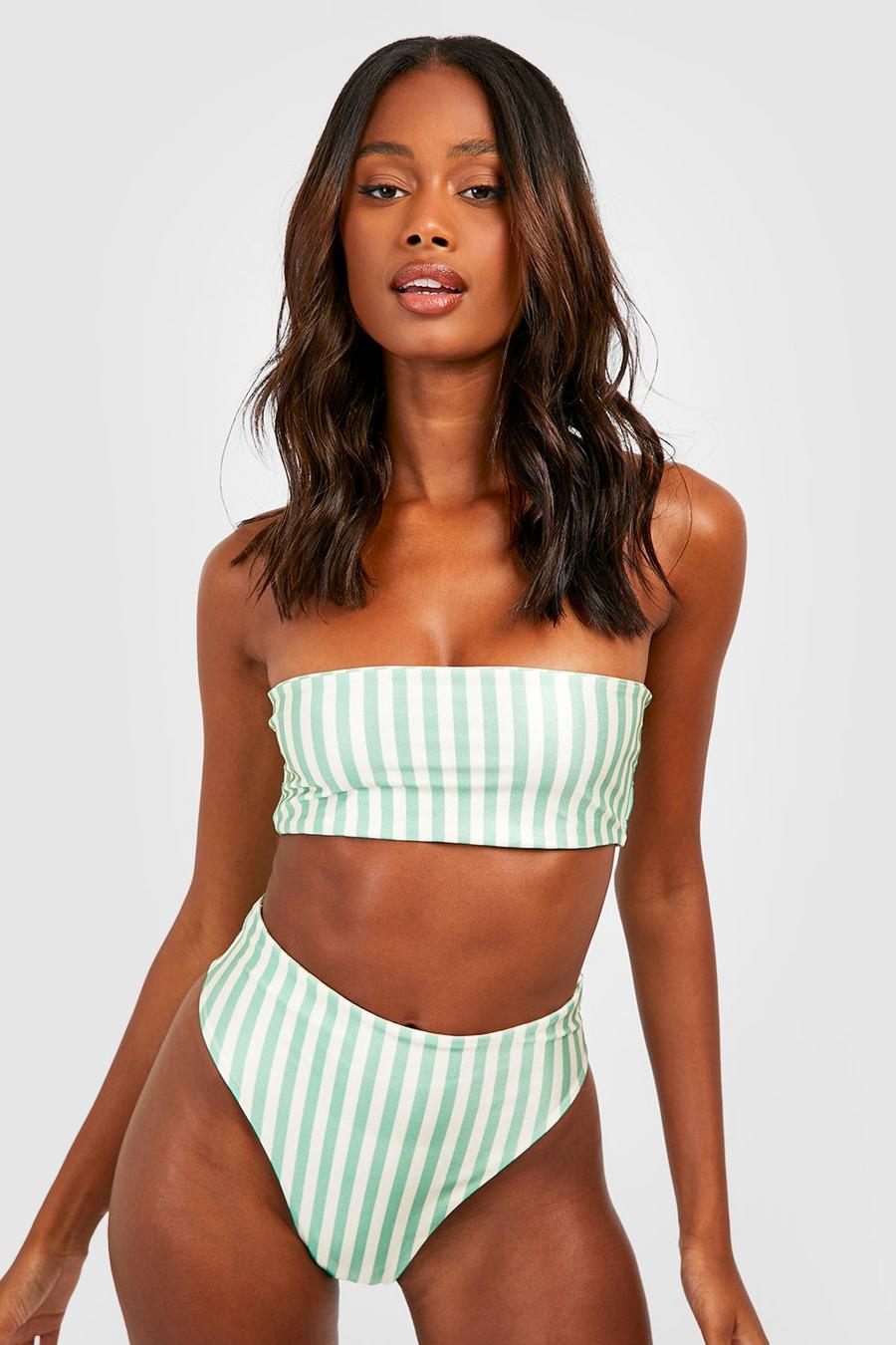 Bikini rayé avec haut bandeau et bas taille haute, Sage vert