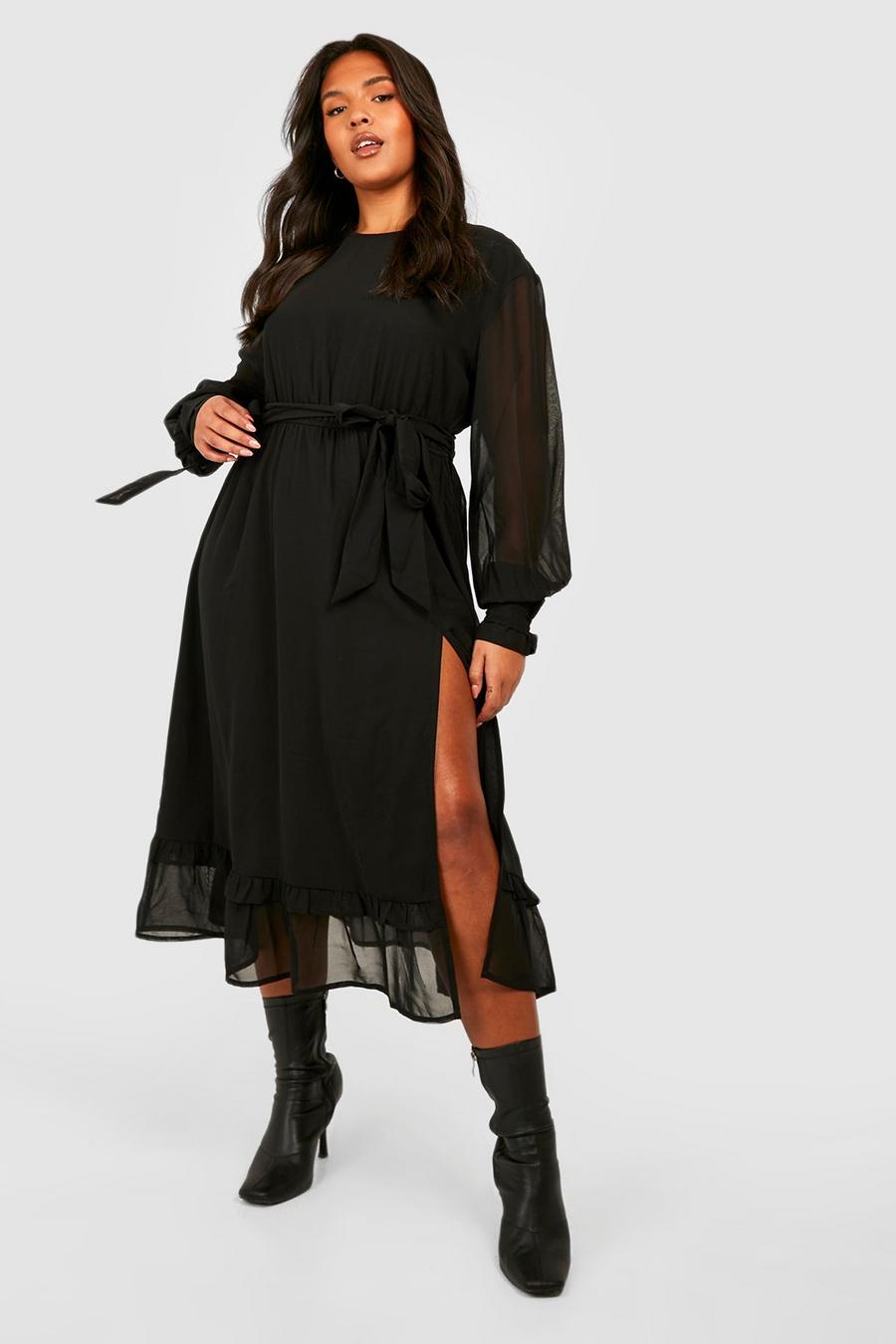 שחור שמלת מידקסי ארוגה מדורגת עם חגורת קשירה, מידות גדולות image number 1