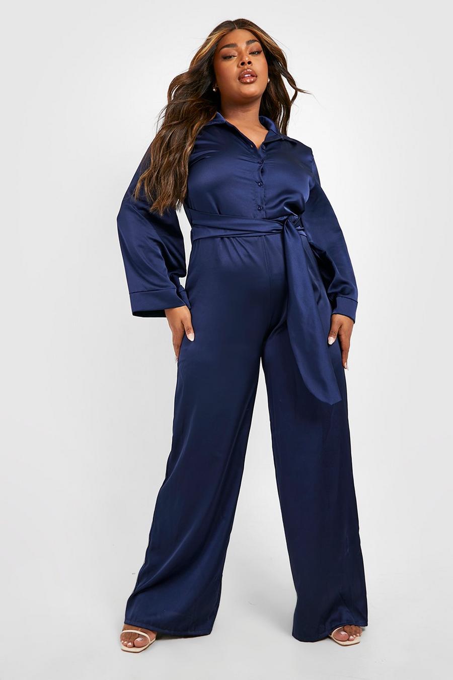 Navy Plus Button Up Wide Leg Belted Jumpsuit image number 1