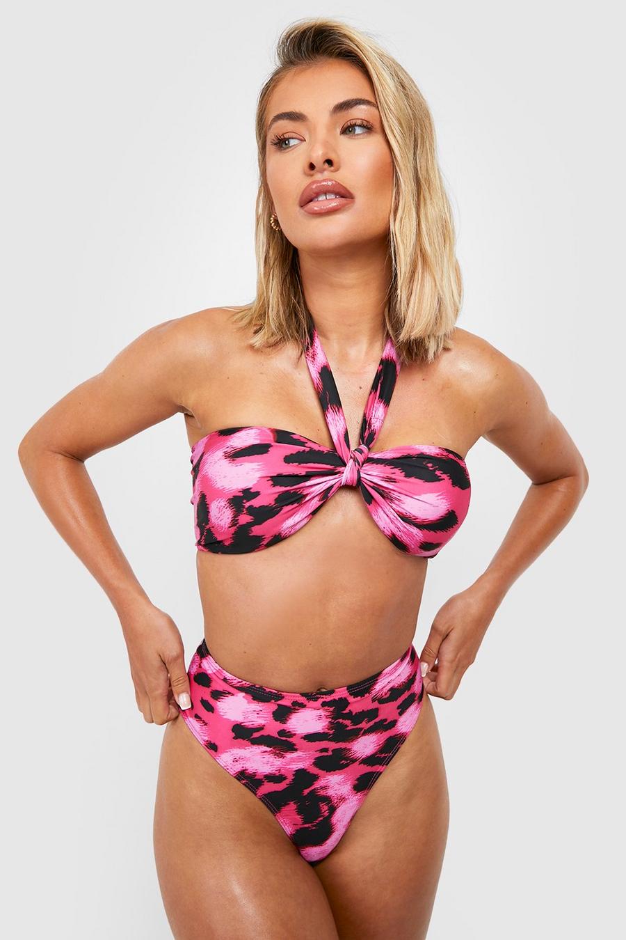 Set bikini animalier a vita alta con top a fascia e dettagli attorcigliati, Pink rosa