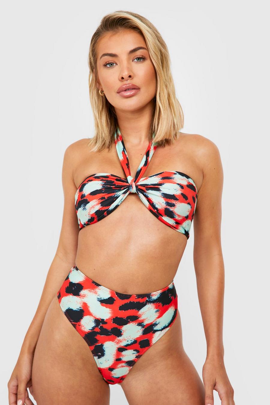 Bikini à imprimé animal avec haut bandeau et bas taille haute, Red orange image number 1