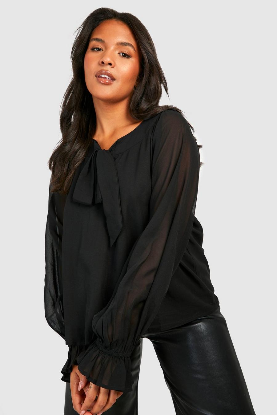 Black Plus Woven Pussybow Blouse image number 1