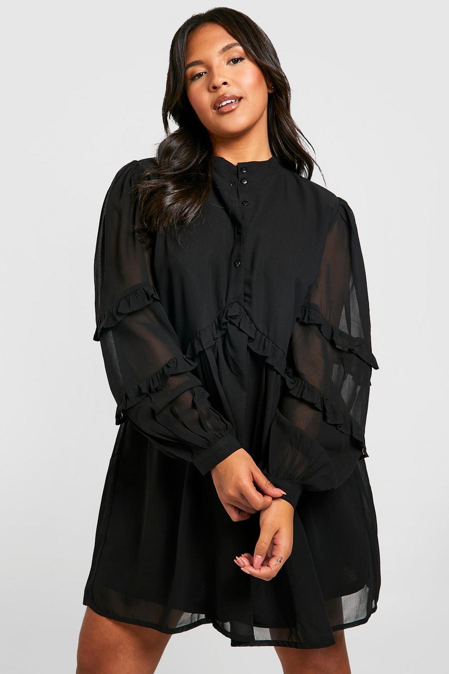 Black Plus Button Down Ruffle Smock Dress image number 1