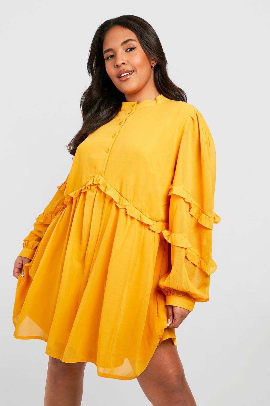 Mustard Plus Button Down Ruffle Smock Dress image number 1