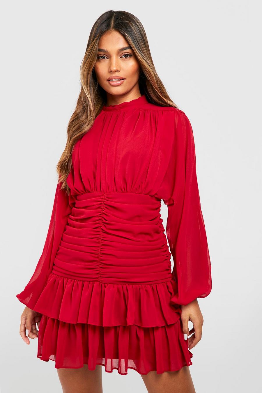 Berry red Flare Sleeve High Neck Ruffle Mini Dress