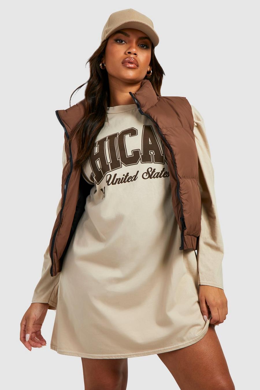 Vestito T-shirt Plus Size con stampa Chicago USA, Stone beige