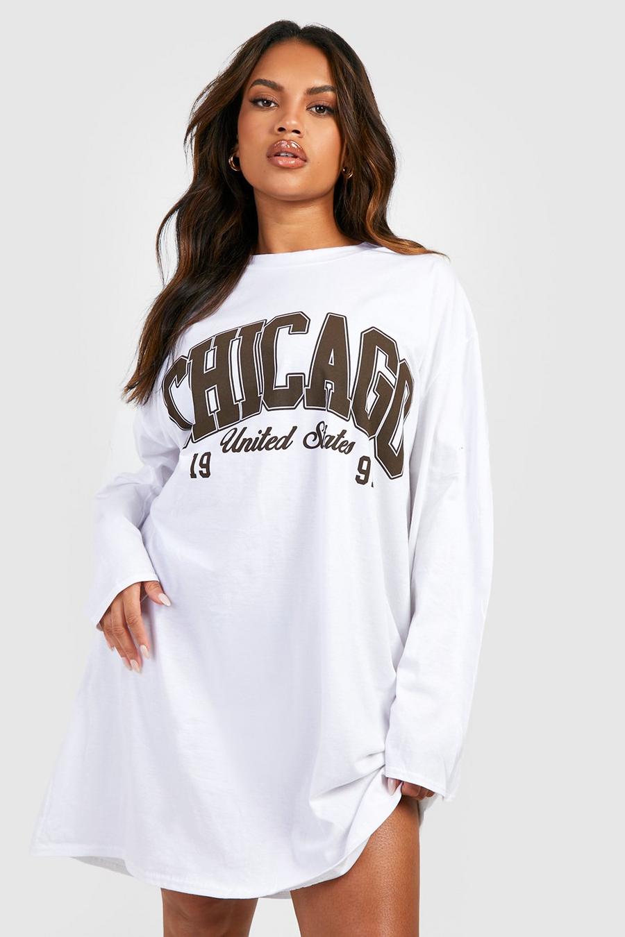 Vestito T-shirt Plus Size con stampa Chicago USA, White image number 1