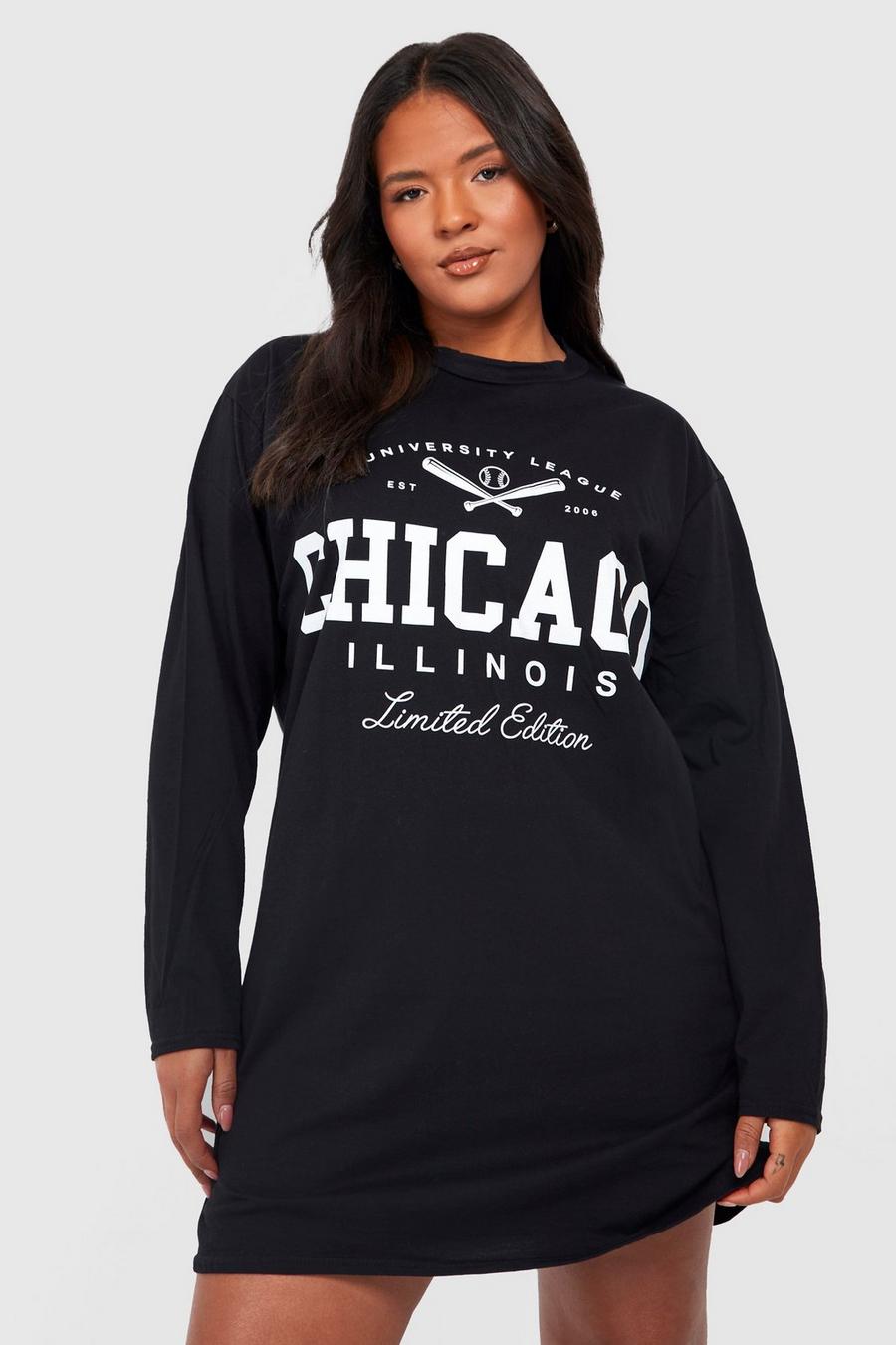 Vestido camiseta Plus con estampado de Chicago, Black image number 1