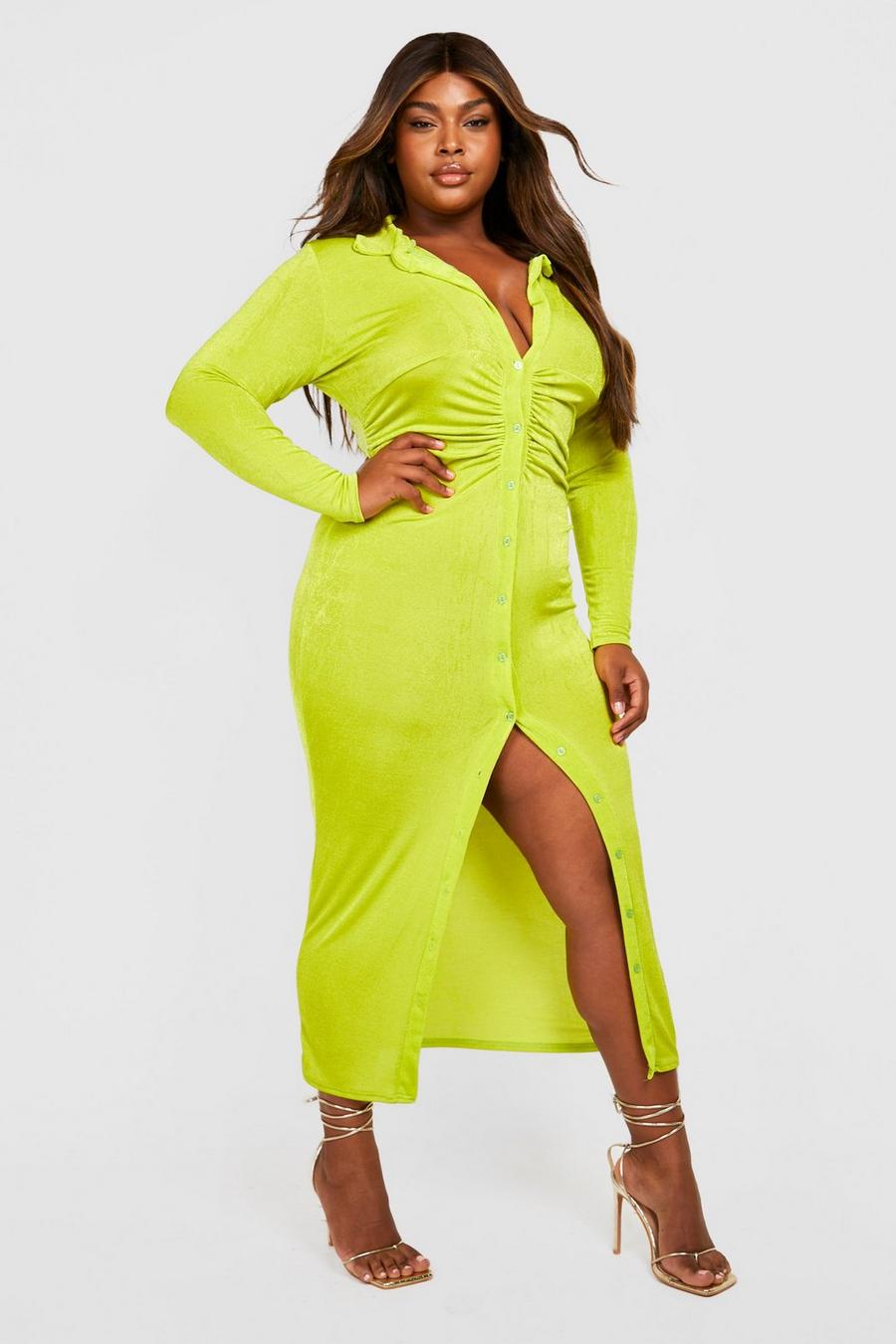 Grande taille - Robe chemise soyeuse, Lime image number 1
