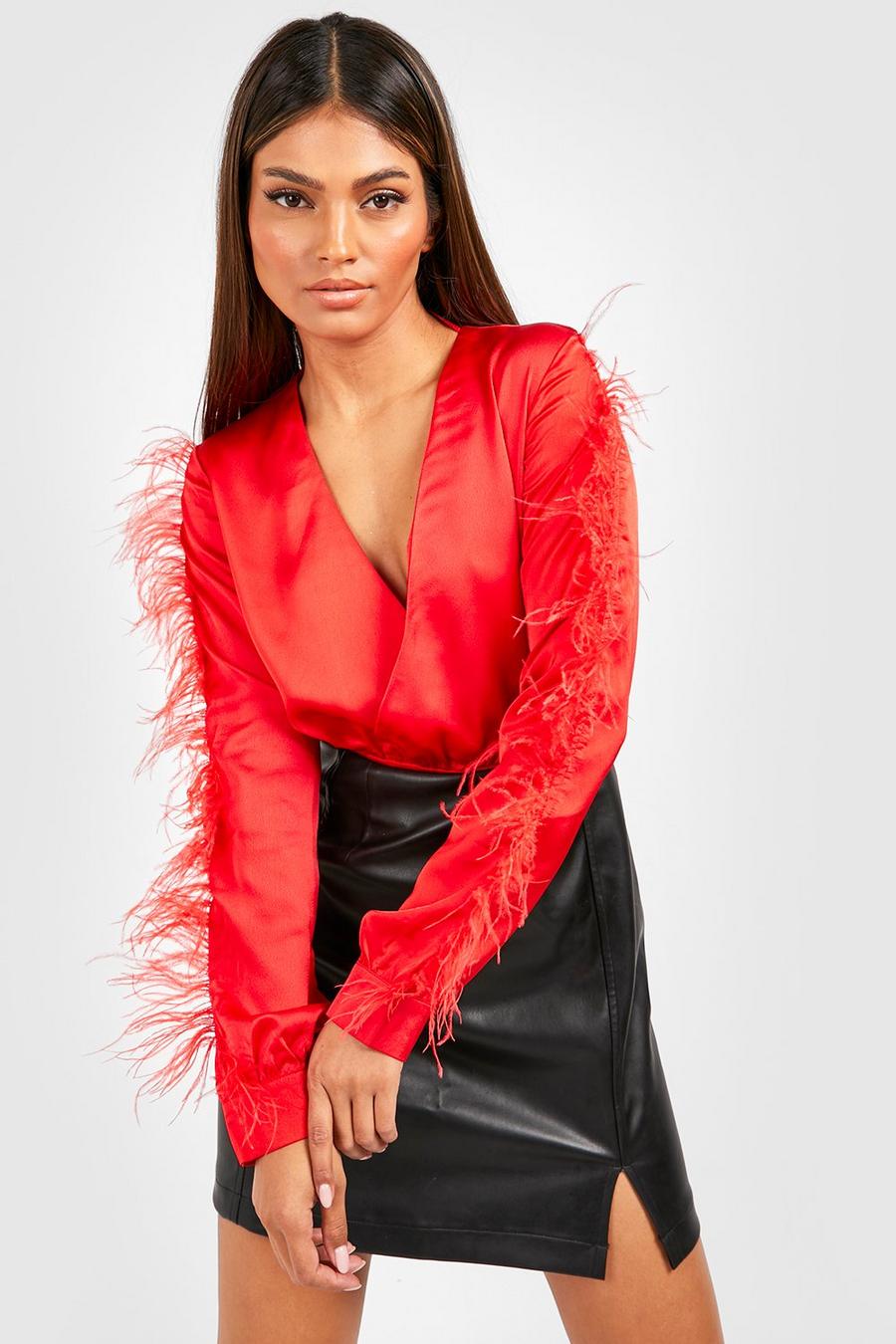 Red Feather Trim Plunge Bodysuit