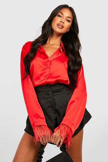 Feather Trim Satin Shirt red