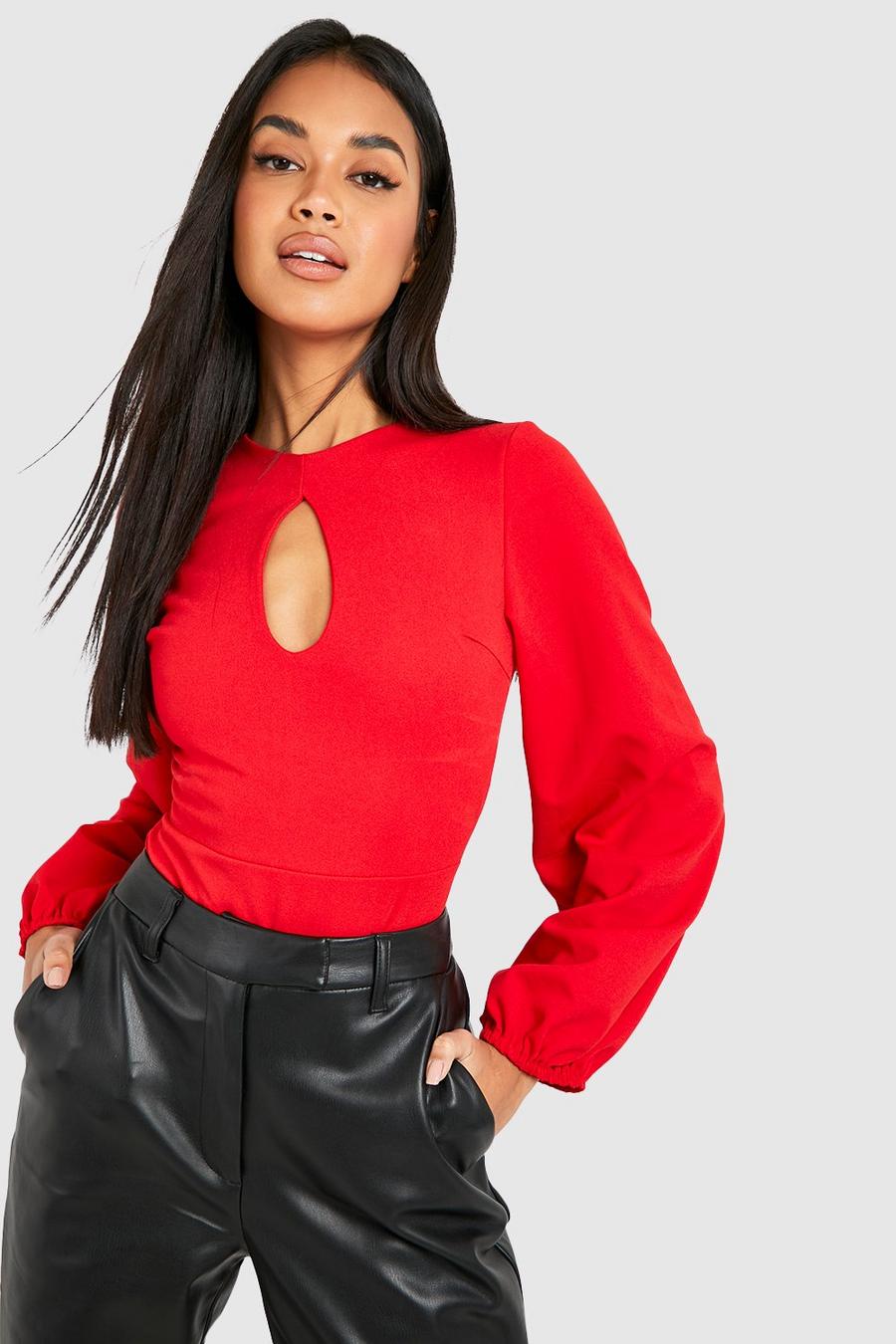Red rosso Volume Puff Sleeve Ruched Bodysuit 