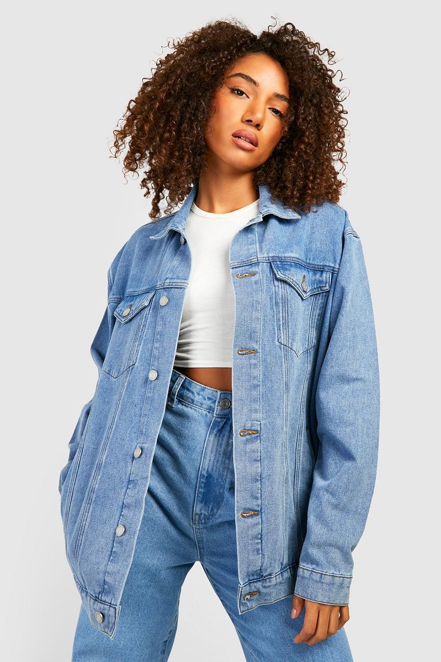 Womens Clothing Jackets Jean and denim jackets Blue Boohoo Denim Oversized Jean Jacket With Palm Print in Antique Blue 
