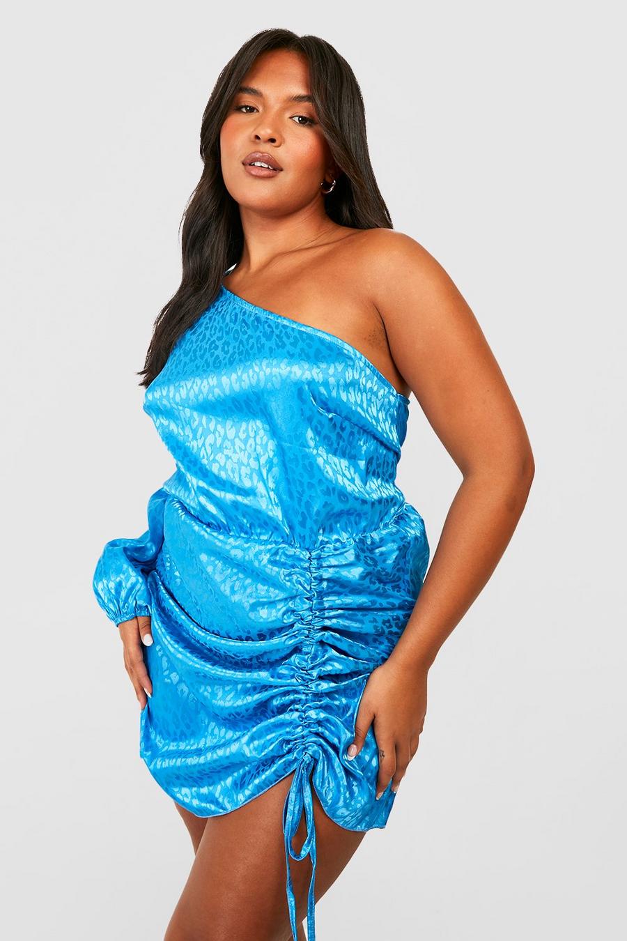Blue Plus Leopard Satin One Shoulder Ruched Dress