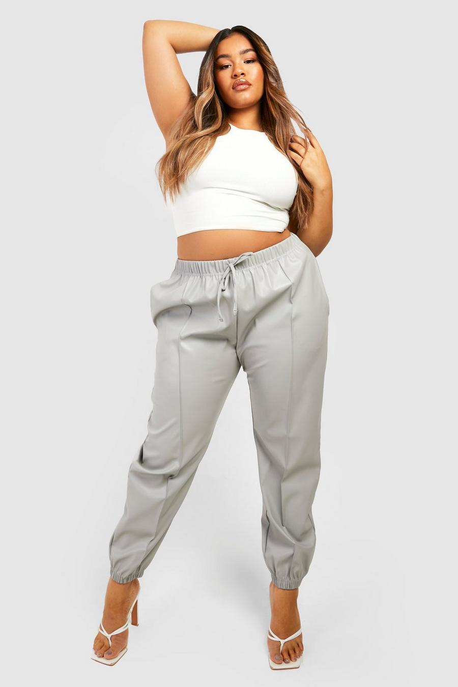 Grey Plus Pu Faux Leather Cuffed Cargo Jogger Pants image number 1