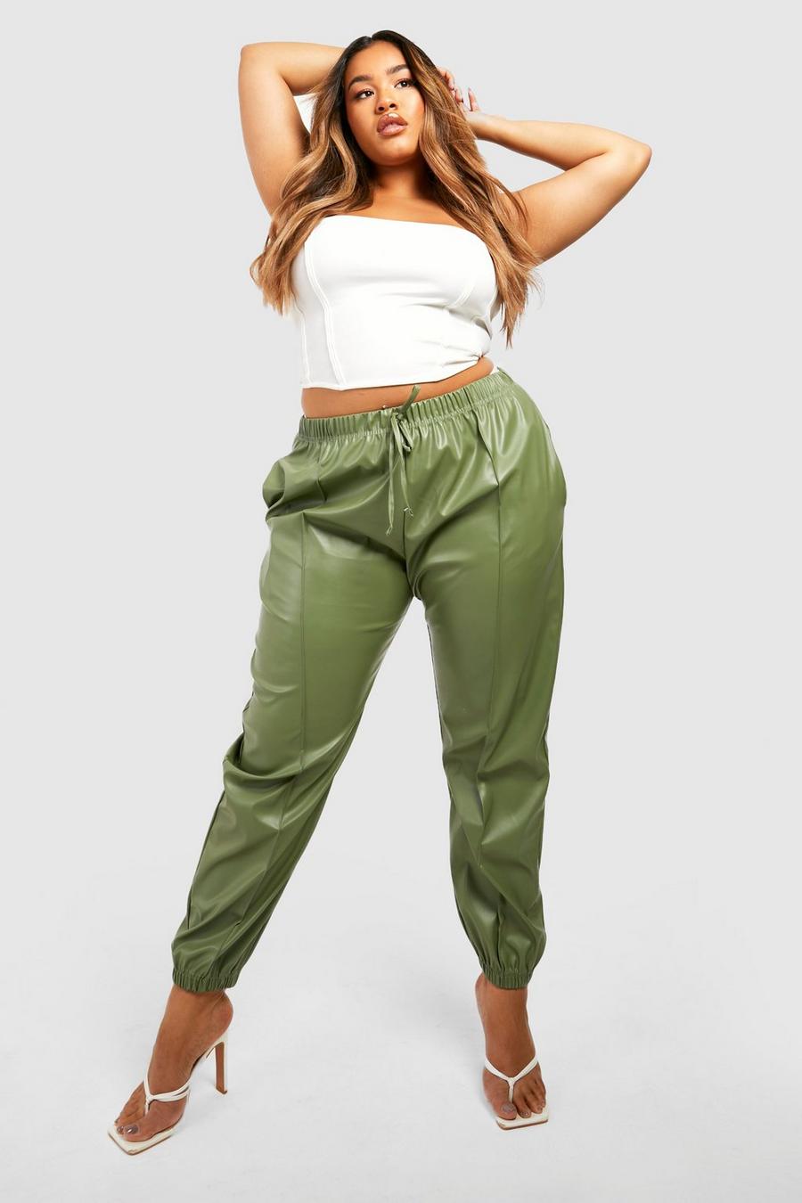 Khaki Plus Pu Leather Look Cuffed Cargo Jogger Trousers image number 1