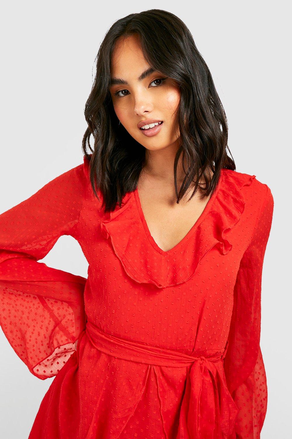 Boohoo red 2024 frill dress