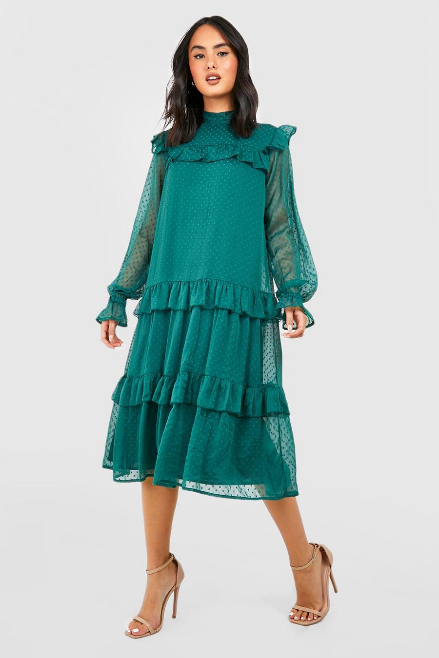 Emerald Dobby Mesh High Neck Midi Dress image number 1