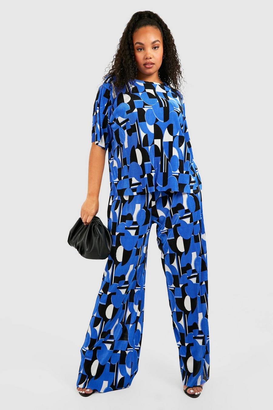Blue Plus Abstract Plisse Wide Leg Trousers image number 1