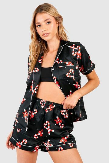 Black Candy Cane Satin Pajama Short Set