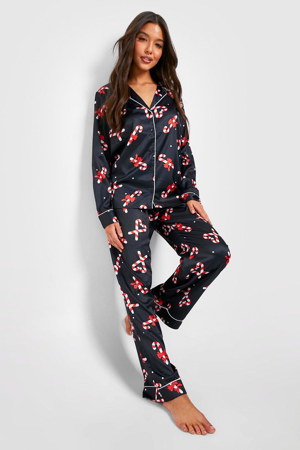 Women s Christmas Candy Cane Satin Pyjama Trouser Set Boohoo UK