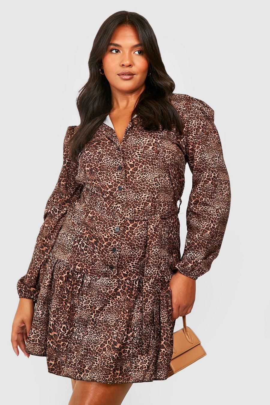 Brown Plus Leopard Woven Smock Dress image number 1